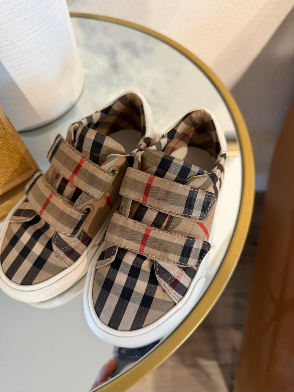 Burberry Beige Black Plaid Kids Velcro Sneakers with Red Accent